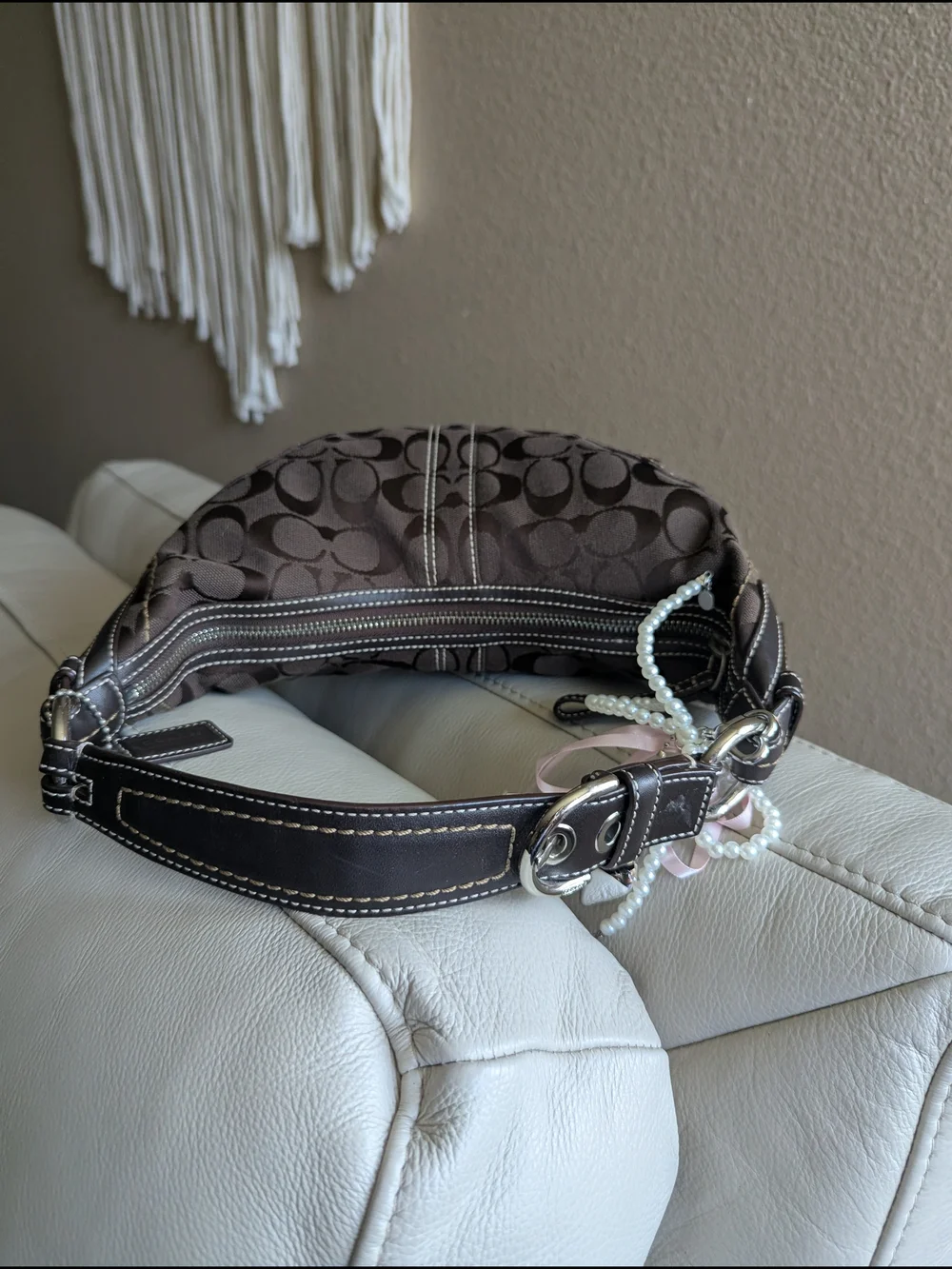 Vintage Coach SohoSignature Canvas HoboShoulder Bag in chocolate brown.